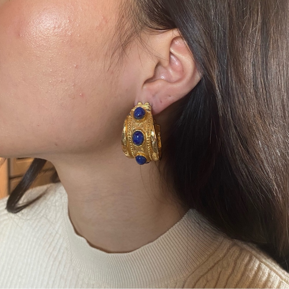 1960’s, 70’s Kenneth Jay Lane Gold Faux Lapis Lazuli Large Hoop Clip On Earrings